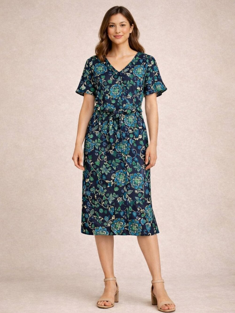Charter Club, A-line Navy & Teal Floral Print, V-neck, Midi Dress, NWT, Size: PP